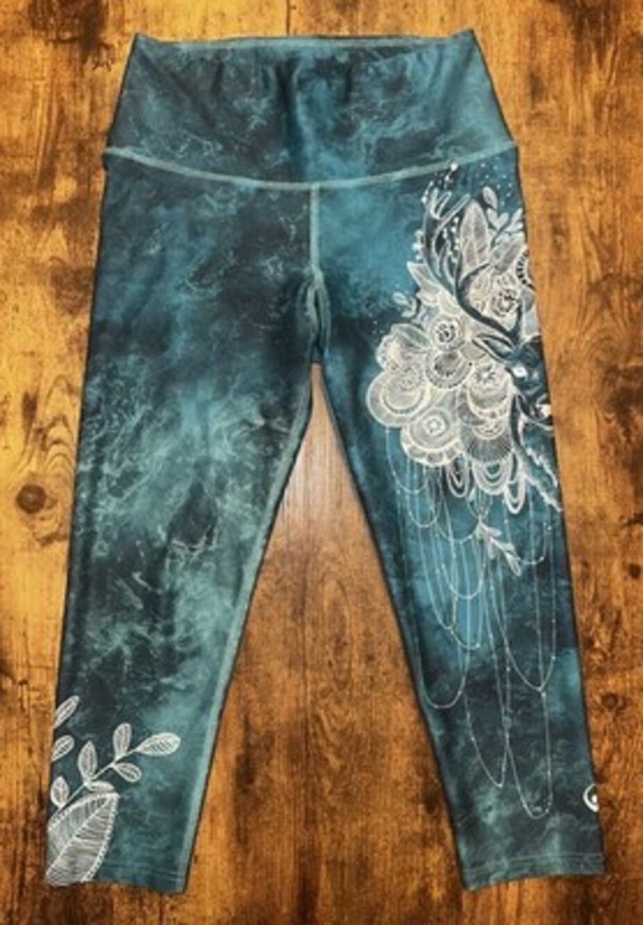 My Inner Fire Capri Yoga Leggings Teal Marble Lotus Pattern